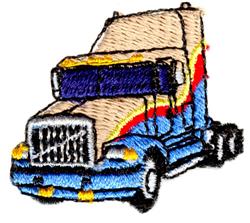 Colorful cartoon truck in blue and tan with vibrant red stripes, ideal for playful embroidery projects.