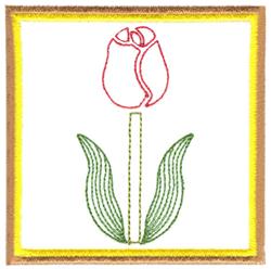 Stylized tulip with a vibrant red flower and green leaves, framed in yellow and brown, capturing spring's essence.