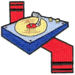 Colorful turntable design with blue base, red accents, and yellow vinyl record. Perfect for playful embroidery.