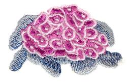 Playful turtle with a pink shell and blue body, featuring textured stitching and cartoonish style.