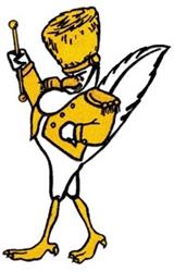 Playful cartoon bird in a golden uniform with a feathered hat, conducting with a baton. Ideal for children's decor.