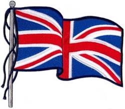 Realistic Union Jack flag with vivid red, white, and blue colors, waving gracefully from a silver pole.