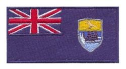 Realistic embroidery patch featuring a Union Jack and shield with ship on a vibrant blue background.