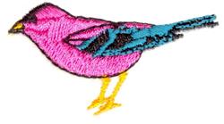 Vibrant bird with a pink body, blue wings, and yellow feet, showcasing a cheerful, playful theme.