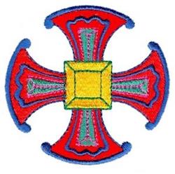 Ornate cross design with red arms, a central yellow square, and vibrant green and blue details. Standard.