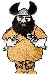Cartoon Viking character with tools, prominent beard, and fur coat; playful design suitable for machine embroidery.