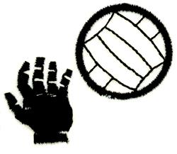 Playful volleyball design featuring a black outlined hand and circular ball with seams, ideal for sports.