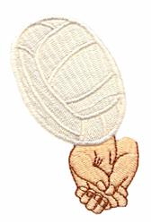 Embroidered illustration of hands cradling a volleyball, featuring soft colors and stitching details.