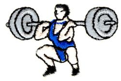 Cartoonish weightlifter in a bold lifting pose, wearing a blue singlet and dynamic black outline. Ideal for athletic themes.