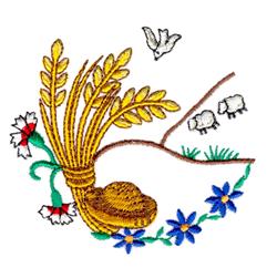 Colorful wheat bundle in a straw basket surrounded by vibrant flowers, with a dove above and two sheep in spring scenery.
