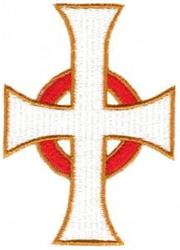 Traditional white cross outlined in gold, centered on a vibrant red circle, bold and striking design.
