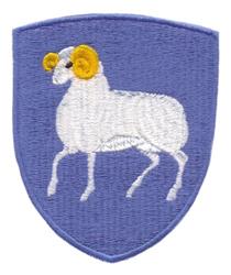 Traditional patch featuring a white sheep with yellow horns on a blue shield background.