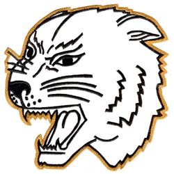 Bold outlined wildcat head with aggressive expression in black and orange, perfect for machine embroidery.