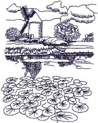 Intricate windmill sketch with fluffy clouds and tranquil lake, detailed water lilies float on the surface.