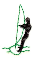 Black silhouette of a windsurfer in action with vibrant green lines on the board and sail. Playful design.