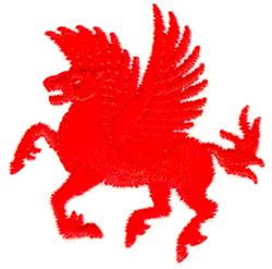 Majestic pegasus in vibrant red with detailed wings spread wide captures dynamic motion and whimsical elegance.