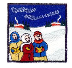 Three people in colorful winter clothing stand in a snowy scene, under a blue sky with smoke from nearby chimneys.