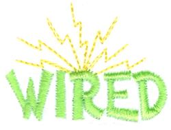 Playful text 'WIRED' in green fuzzy letters with yellow lightning bolts, ideal for vibrant embroidery projects.