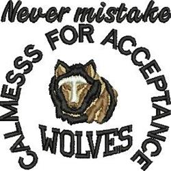 Bold wolf illustration with the text 'Never mistake calmness for acceptance' showcased in earthy tones.