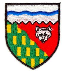 Heraldic shield emblem featuring a wolf head, bold red and green colors, and blue wavy lines.