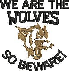 Ferocious wolf head in brown tones with bold text 'WE ARE THE WOLVES' and 'SO BEWARE!' in a graphic style.