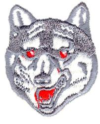 Wolf head with detailed gray fur, fierce expression, and striking red eyes, showcasing realistic highlights.