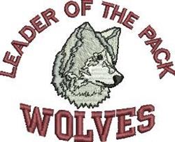Realistic wolf head with tufted mane in gray and white, text 'LEADER OF THE PACK' in maroon, for a nature theme.