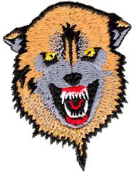 Realistic wolf portrait with vibrant orange and grey fur, sharp white teeth, and intense yellow eyes.