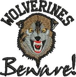 Fierce wolverine head with expressive yellow eyes, bold outline, and cartoonish design, featuring 'WOLVERINES' and 'Beware!'