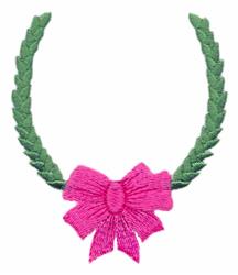 Applique stylized wreath with vibrant green leaves and a vivid pink bow, perfect for cheerful decorations.