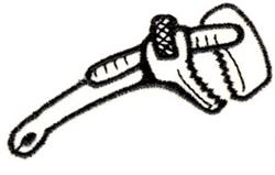 Stylized illustration of a wrench with clean black and white lines, featuring a prominent handle and jaw.