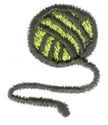 Yarn ball with fluffy green fibers and a curled gray tail, featuring playful textures for crafting.