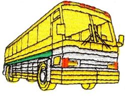 Cartoonish bus in bright yellow with a green stripe, showcasing playful design and vibrant details.