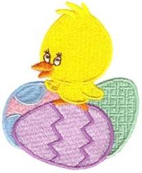 Whimsical yellow chick perched on a pastel egg with zigzag patterns, perfect for Easter celebrations.