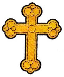 Yellow cross with rounded shapes and circular embellishments, outlined in black, captures a traditional Easter theme.