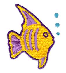 Whimsical yellow fish with purple accents swimming among playful blue bubbles in an aquatic scene.