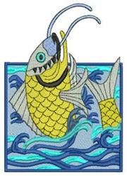 Cartoon fish with a vibrant yellow body leaps from blue waves, showcasing large fins against a rich blue backdrop.