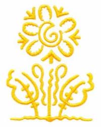 Cheerful yellow flower with rounded petals and swirling patterns, accented by playful stems and leaves.