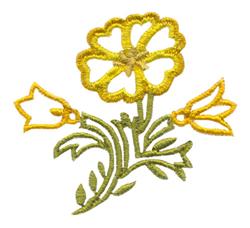 Whimsical yellow flower with five petals surrounded by vibrant yellow buds and green leaves, perfect for spring decor.