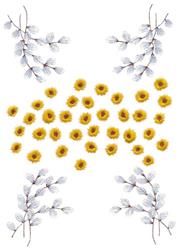 Clusters of vibrant yellow flowers paired with delicate white branches create a cheerful spring floral design.