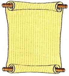 Whimsical yellow scroll with curled edges and wooden ends, featuring a stitched texture, ideal for embroidery.