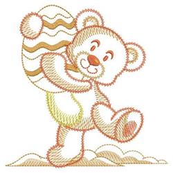 Playful bear holding a decorated Easter egg, standing on a fluffy cloud, ideal for spring-themed projects.