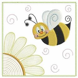 Cheerful yellow bee beside a large white flower with detailed petals, featuring playful swirly lines for spring.
