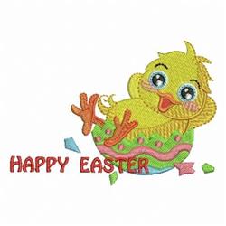 Cheerful yellow chick perched on a colorful Easter egg, with 'HAPPY EASTER' text in red for a festive touch.