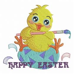 Colorful chick with a paintbrush on a blue Easter egg, featuring 'HAPPY EASTER' text, perfect for festive decorations.