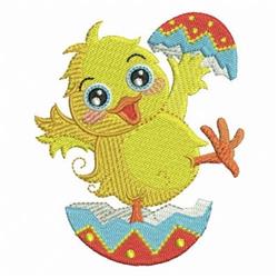Cartoon chick in vibrant yellow, joyfully emerging from a colorful egg shell, perfect for Easter celebrations.