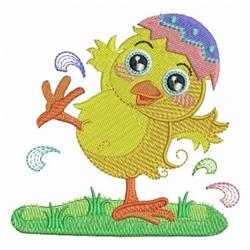 Playful yellow chick with large eyes and colorful Easter egg hat on green grass, perfect for Easter celebrations.