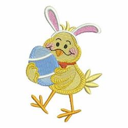 Cute yellow chick with pink bunny ears holding a blue Easter egg, perfect for festive spring decor.