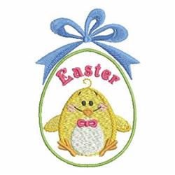 Cute chick nestled in a colorful Easter egg, with pink text above and a light blue bow, perfect for festive décor.