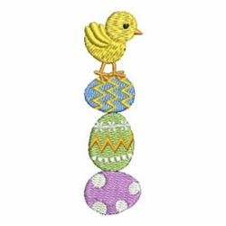 Cute yellow chick sitting on three colorful decorative eggs in blue, green, and purple, perfect for Easter.